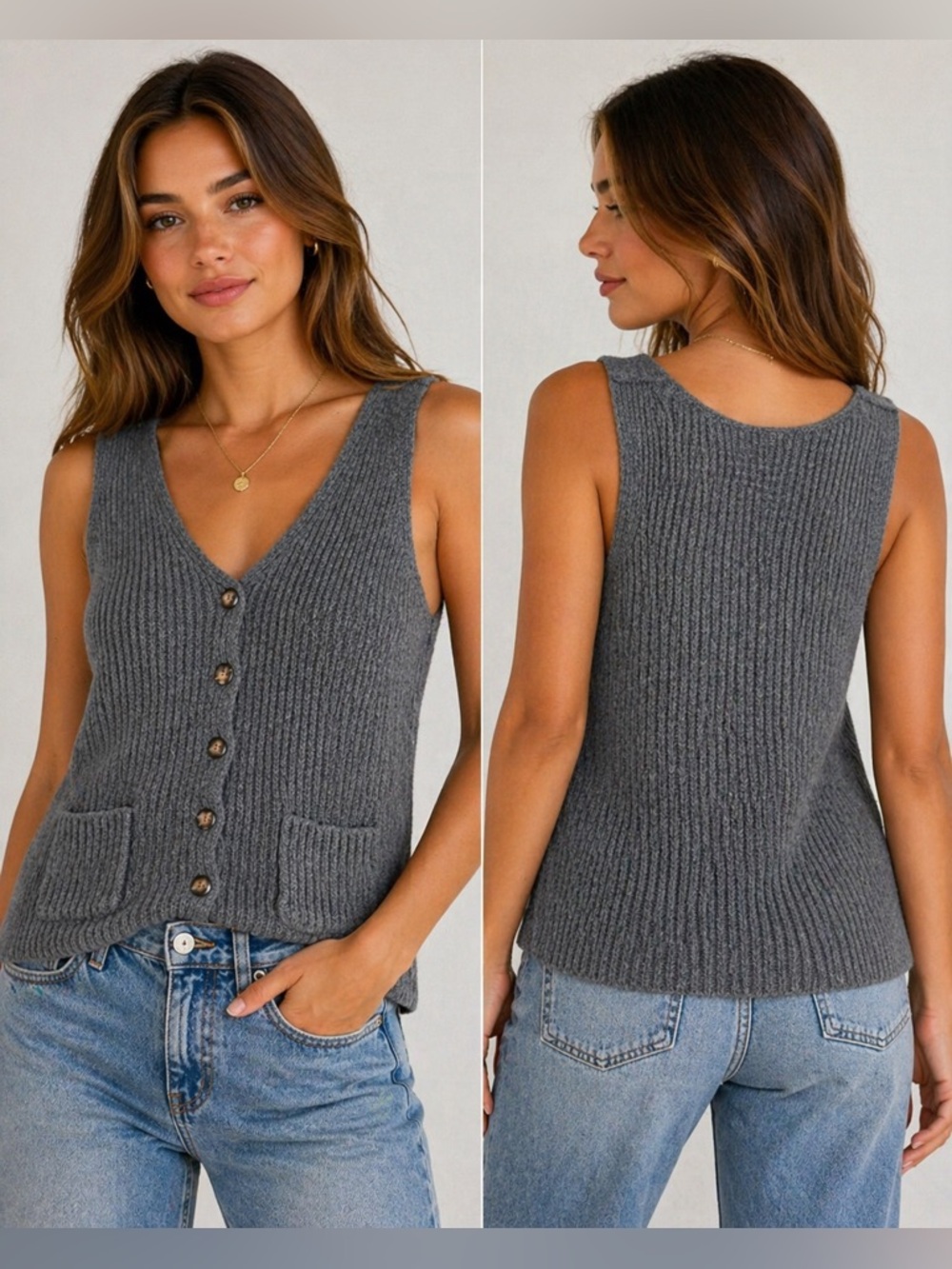 (A4) John Galt Gray Knit Sweater Vest Button Front Pockets Brandy Melville XS/S